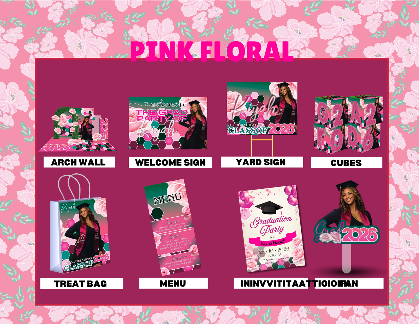 Graduation Party Bundle 2026 Template | Editable Grad Party Decorations, Arch Wall, Welcome Sign, Yard Sign, Treat Bags, Cubes, Invitation, Menu