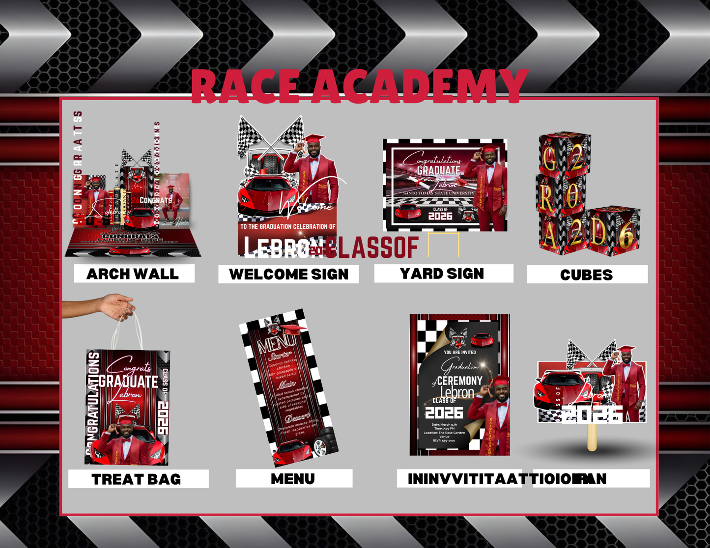 Graduation Party Bundle 2026 Template | Editable Grad Party Decorations, Arch Wall, Welcome Sign, Yard Sign, Treat Bags, Cubes, Invitation, Menu