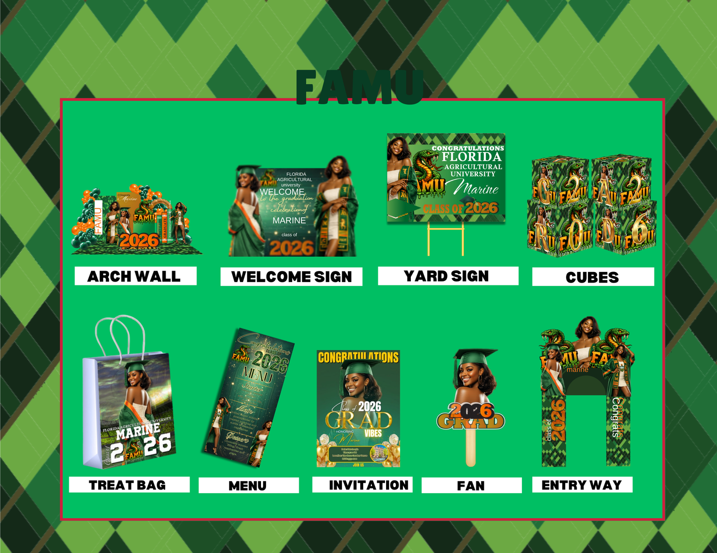 Graduation Party Bundle 2026 Template | Editable Grad Party Decorations, Arch Wall, Welcome Sign, Yard Sign, Treat Bags, Cubes, Invitation, Menu