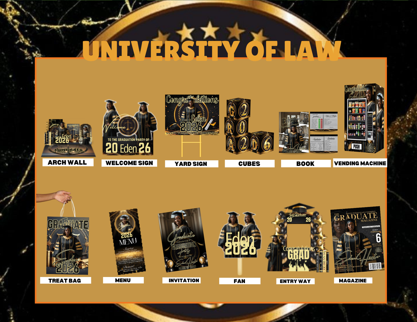 Graduation Party Bundle 2026 Template | Editable Grad Party Decorations, Arch Wall, Welcome Sign, Yard Sign, Treat Bags, Cubes, Invitation, Menu