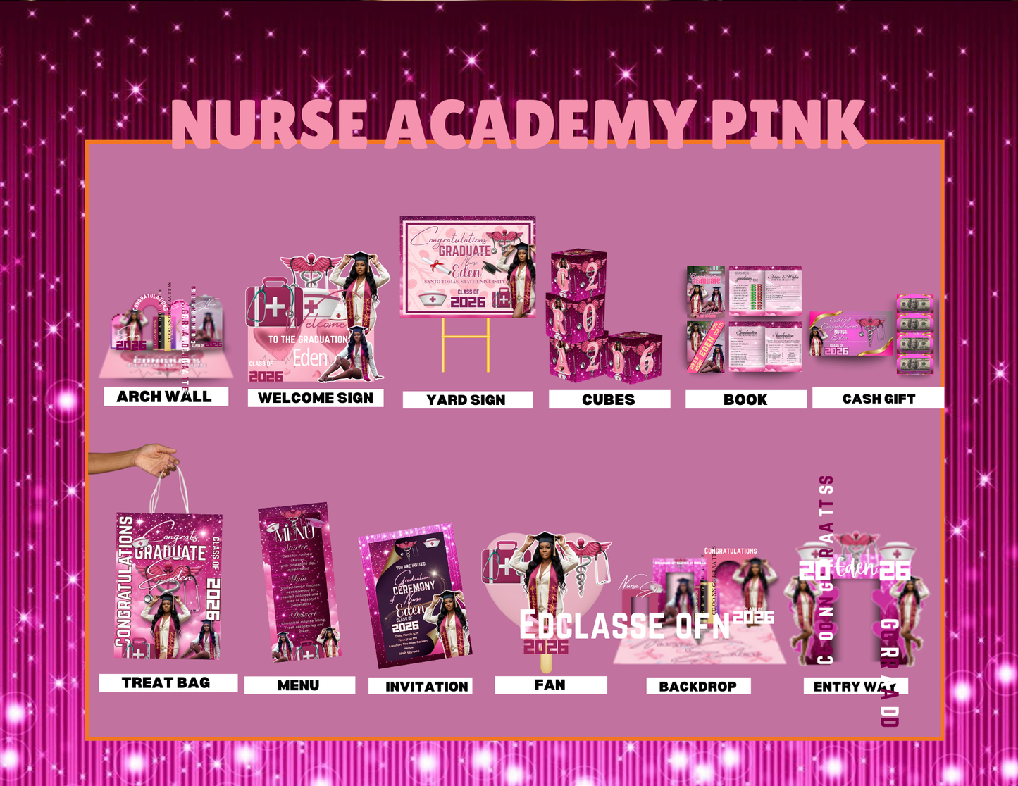 Graduation Party Bundle 2026 Template | Editable Grad Party Decorations, Arch Wall, Welcome Sign, Yard Sign, Treat Bags, Cubes, Invitation, Menu