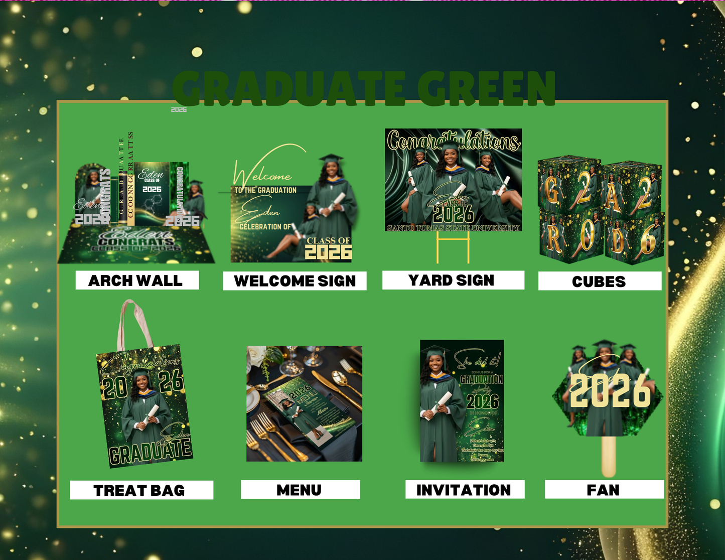 Graduation Party Bundle 2026 Template | Editable Grad Party Decorations, Arch Wall, Welcome Sign, Yard Sign, Treat Bags, Cubes, Invitation, Menu