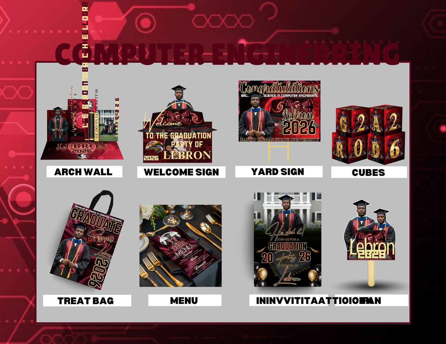 Graduation Party Bundle 2026 Template | Editable Grad Party Decorations, Arch Wall, Welcome Sign, Yard Sign, Treat Bags, Cubes, Invitation, Menu