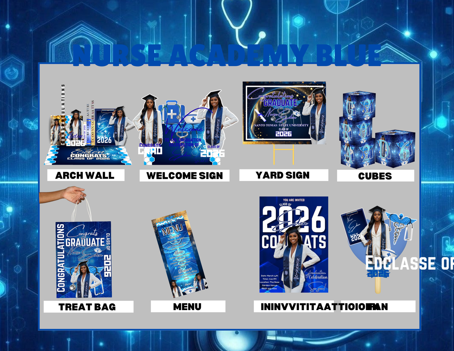 Graduation Party Bundle 2026 Template | Editable Grad Party Decorations, Arch Wall, Welcome Sign, Yard Sign, Treat Bags, Cubes, Invitation, Menu