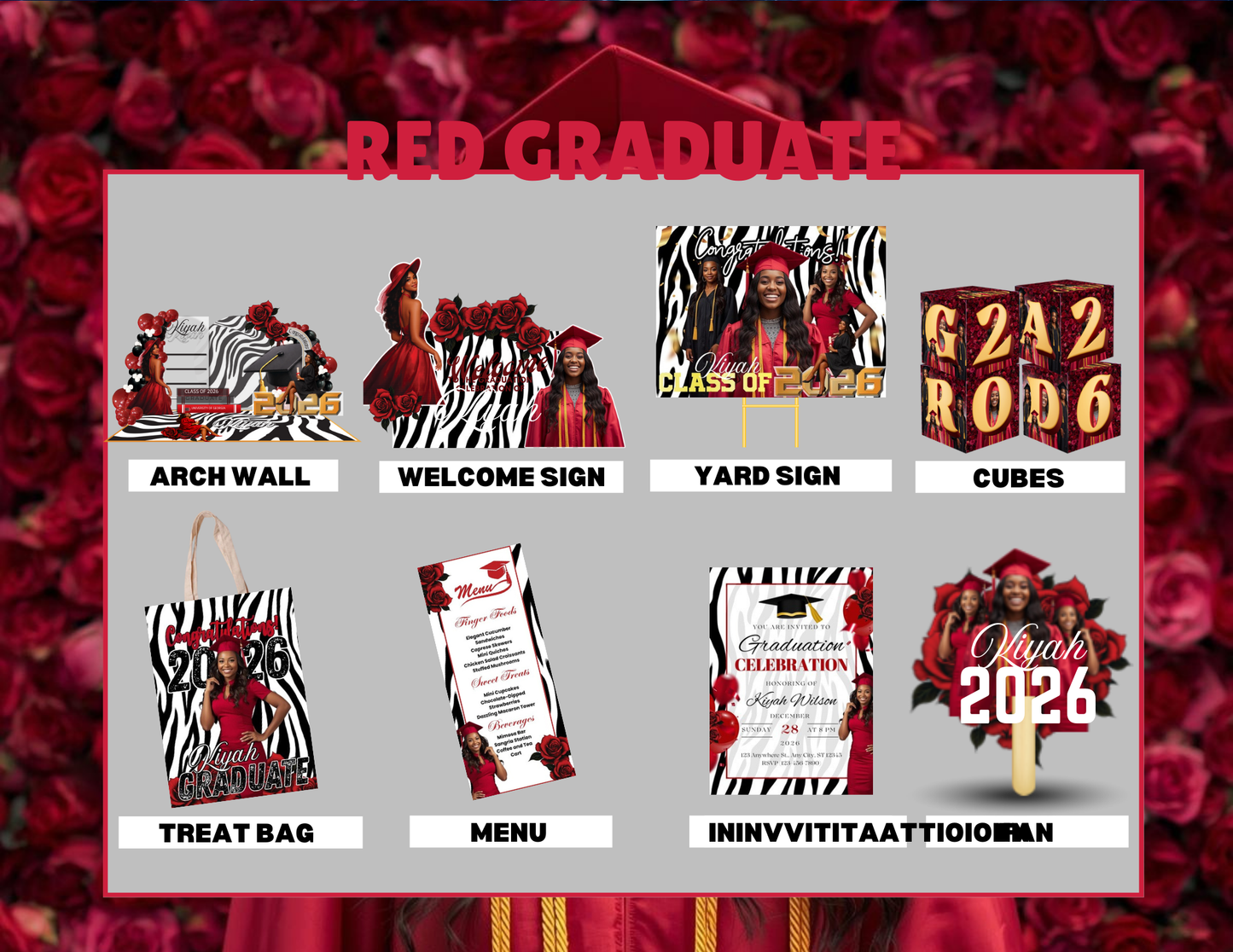 Graduation Party Bundle 2026 Template | Editable Grad Party Decorations, Arch Wall, Welcome Sign, Yard Sign, Treat Bags, Cubes, Invitation, Menu