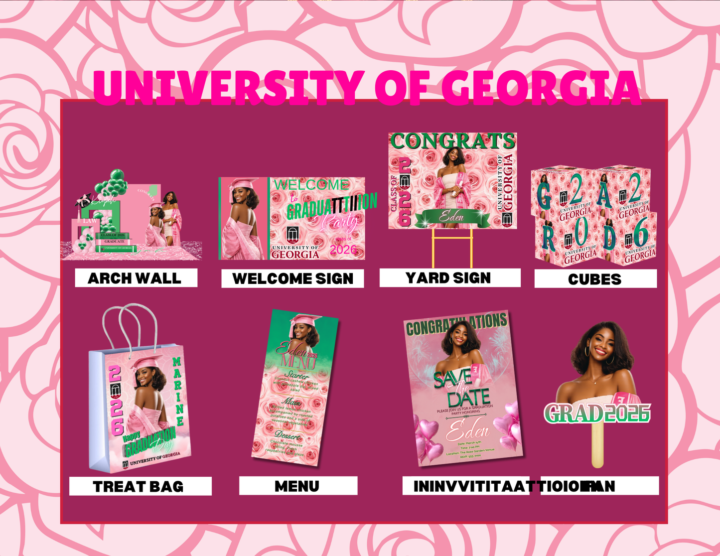 Graduation Party Bundle 2026 Template | Editable Grad Party Decorations, Arch Wall, Welcome Sign, Yard Sign, Treat Bags, Cubes, Invitation, Menu